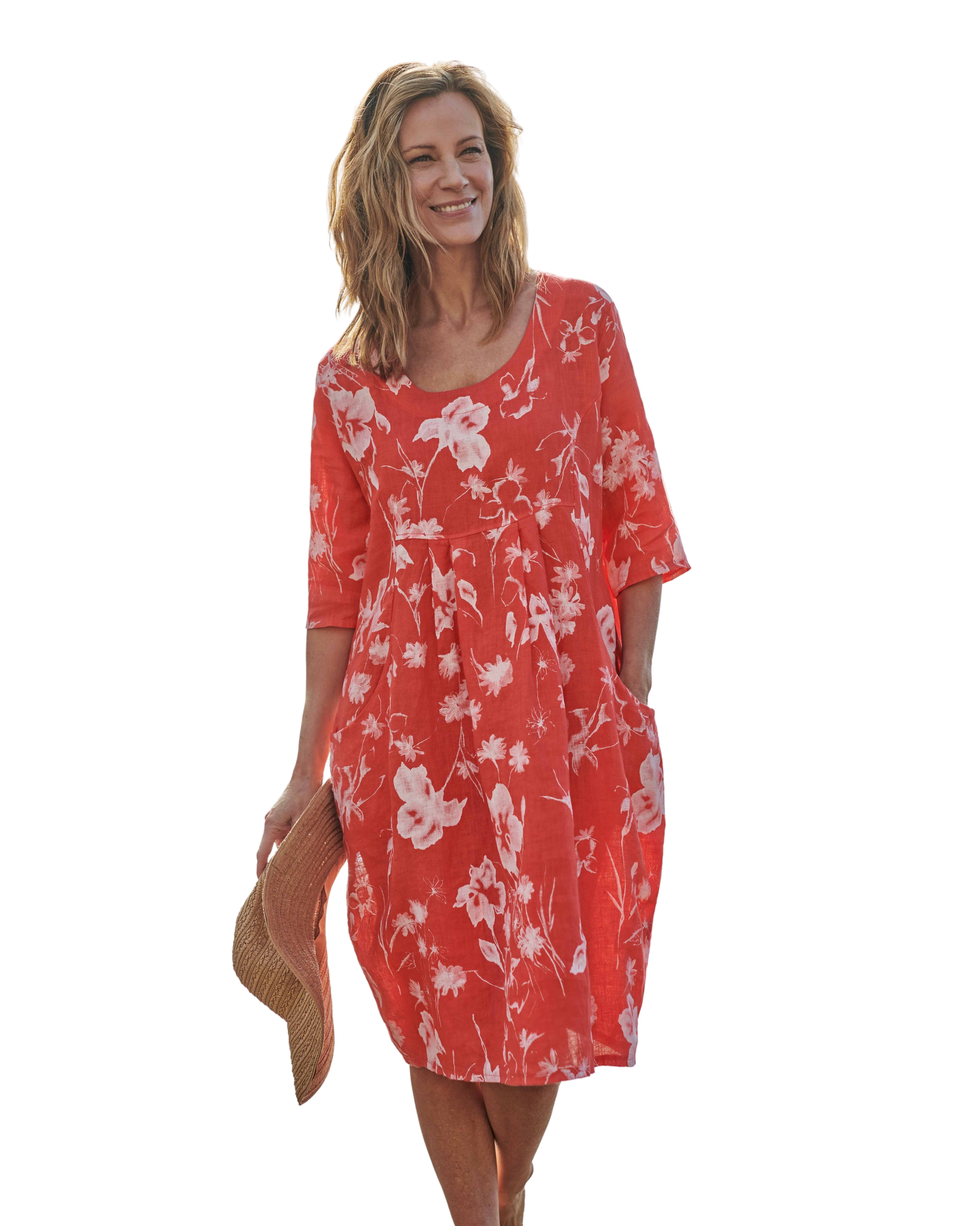 Coral Lily Print 100% Linen  Womens Linen Pocket Tunic Dress
